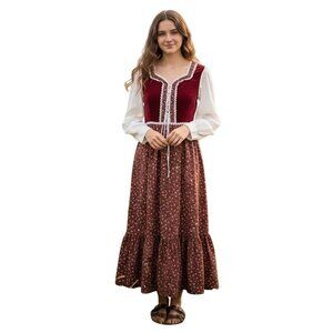 Amazing Quality Made 70s Peasant Maxi Dress Velvet Bodice Lace Up Size XL*